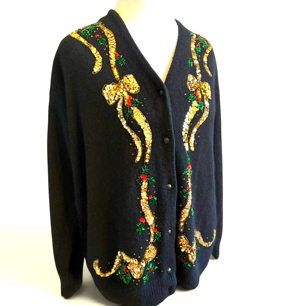 VTG 90s Black Silk Christmas Cardigan Sequin Beaded Jewels Luxury Plus Sz 2X